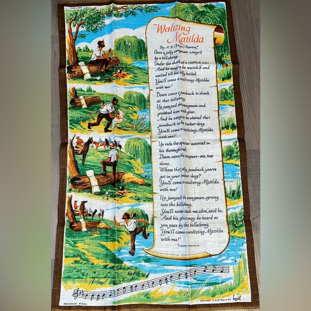 🔴New Vintage Australian Waltzing Matilda Printed Tea Towel Linen Wall Art Accent